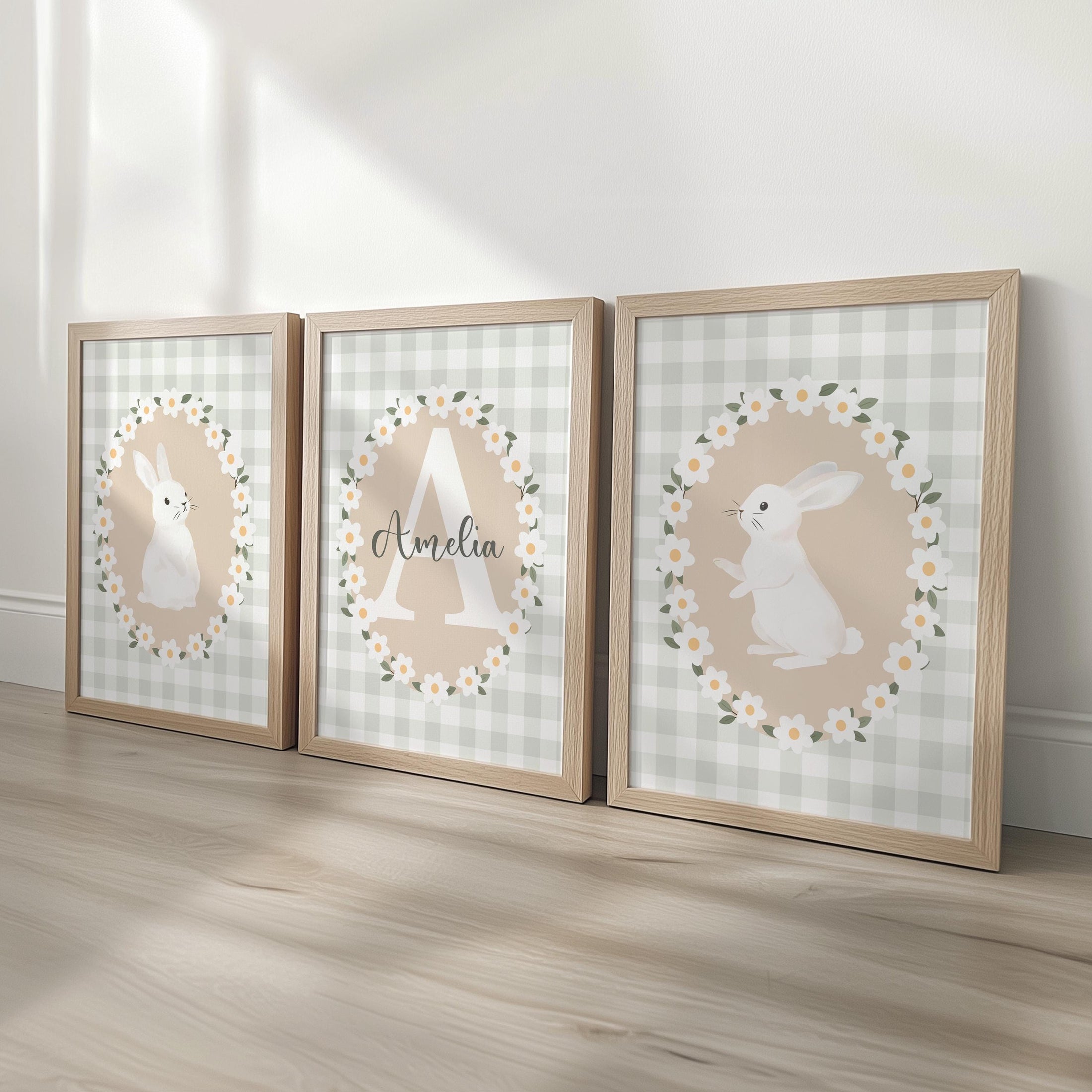 Personalised Bunny Nursery Print Set – Custom Name & Initial Wall Art – Green Gingham Baby Room Decor with Optional Frames