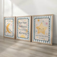 Load image into Gallery viewer, Neutral Nursery Wall Art – 3 Print Set with Moon and Stars – “Night Night, Love You” Baby Bedroom Prints with Optional Frames for Kids Room

