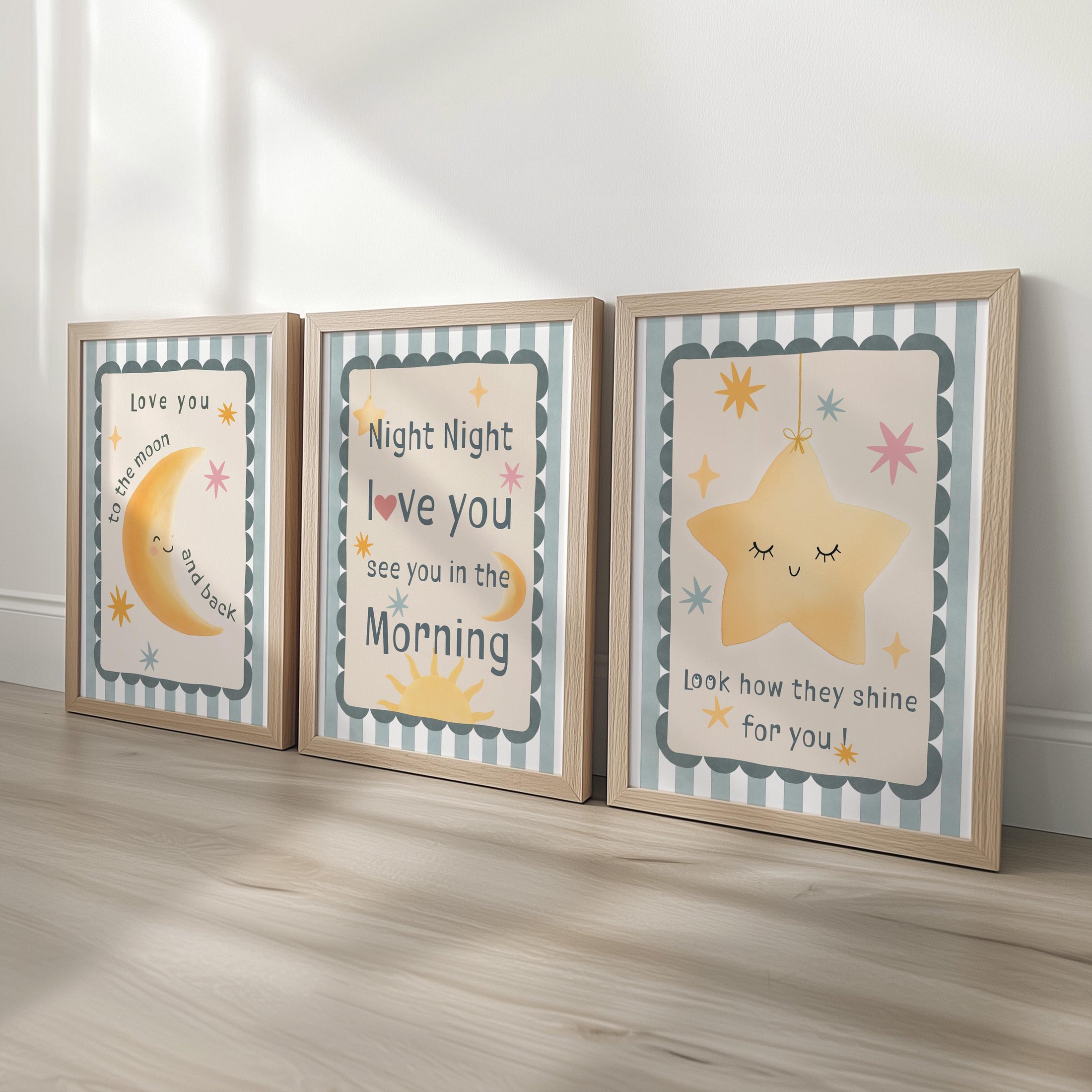 Neutral Nursery Wall Art – 3 Print Set with Moon and Stars – “Night Night, Love You” Baby Bedroom Prints with Optional Frames for Kids Room