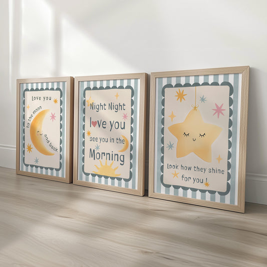 Neutral Nursery Wall Art – 3 Print Set with Moon and Stars – “Night Night, Love You” Baby Bedroom Prints with Optional Frames for Kids Room