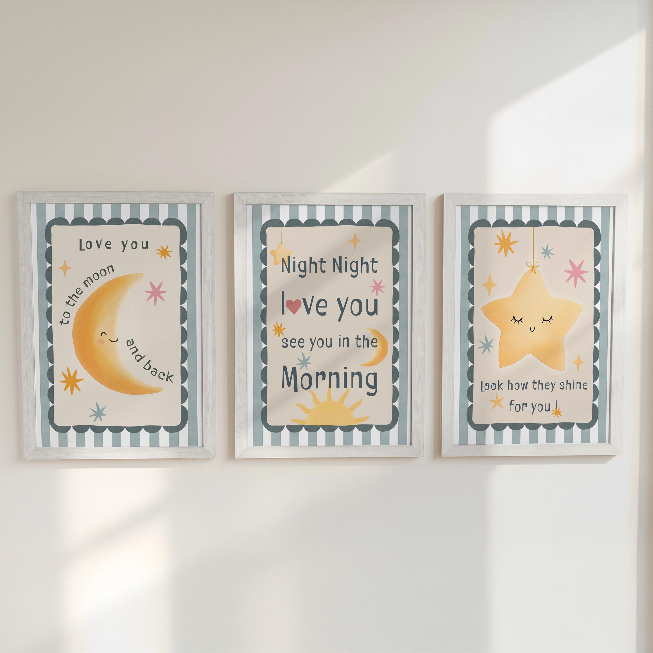 Neutral Nursery Wall Art – 3 Print Set with Moon and Stars – “Night Night, Love You” Baby Bedroom Prints with Optional Frames for Kids Room