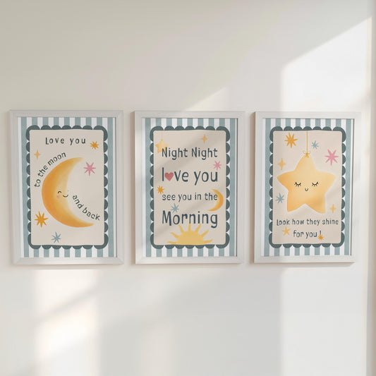 Neutral Nursery Wall Art – 3 Print Set with Moon and Stars – “Night Night, Love You” Baby Bedroom Prints with Optional Frames for Kids Room