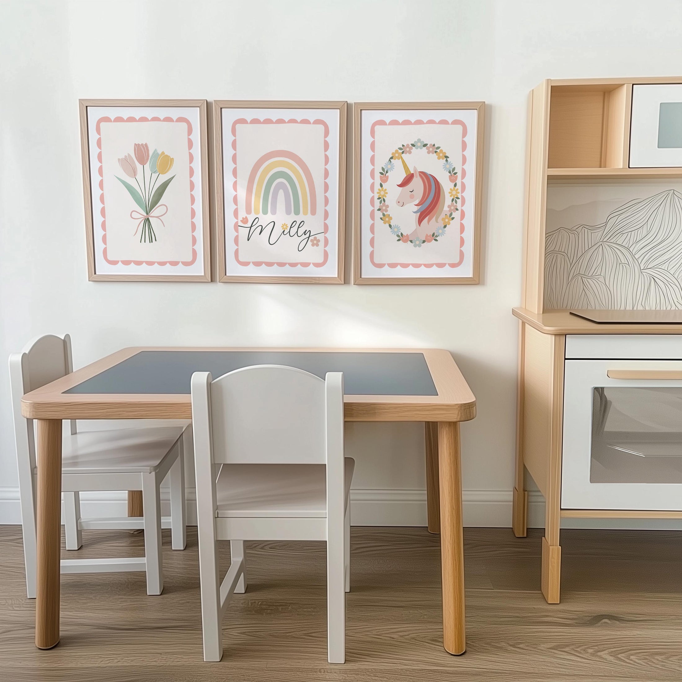 Set of 3 Personalised Nursery Prints - Rainbow, Unicorn & Flowers - Girls Bedroom Wall Art with Optional Frames