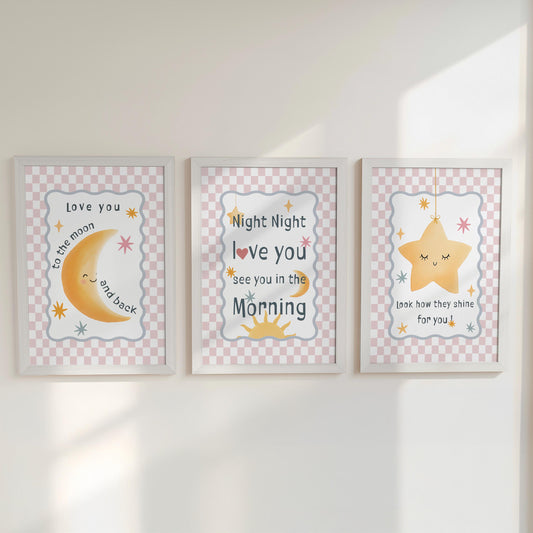 Pink Nursery Wall Art – 3 Print Set with Moon and Stars – “Night Night, Love You” Baby Bedroom Prints with Optional Frames for Kids Room