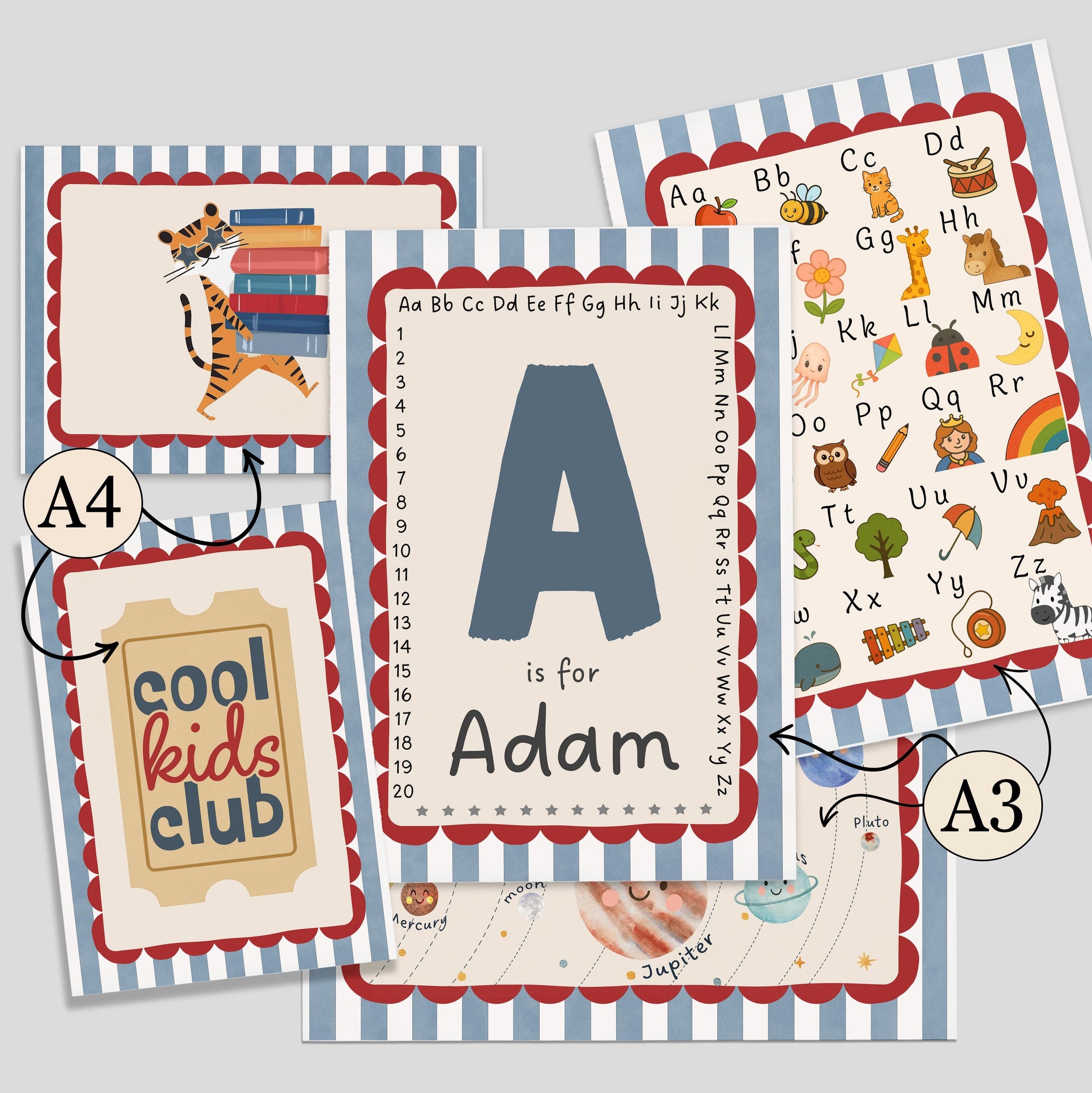 Boys Nursery Gallery Wall Set – Blue and Red, Space, Alphabet & Personalised Educational Kids Room Posters in Optional Frames