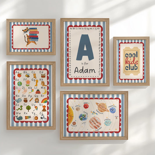 Boys Nursery Gallery Wall Set – Blue and Red, Space, Alphabet & Personalised Educational Kids Room Posters in Optional Frames