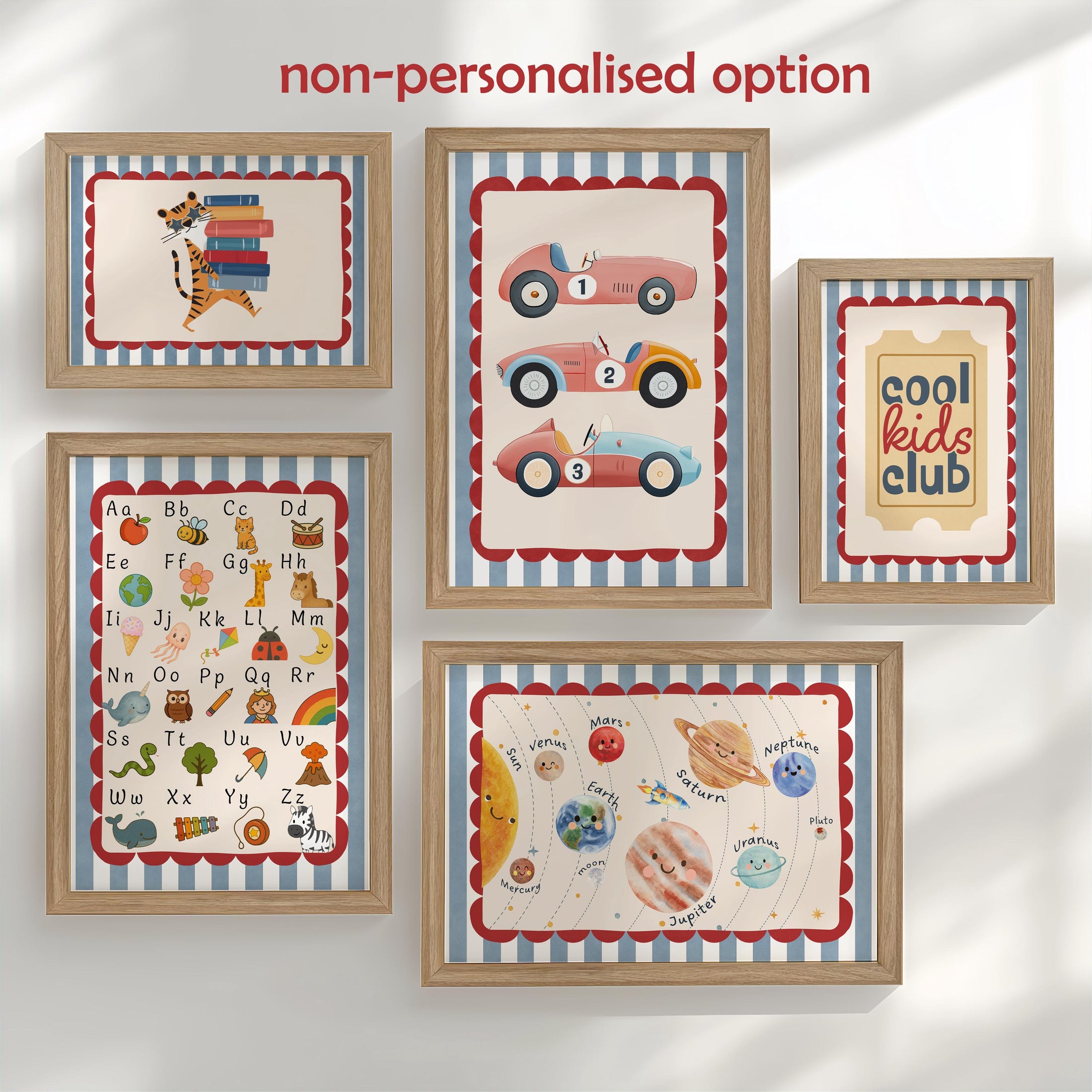 Boys Nursery Gallery Wall Set – Blue and Red, Space, Alphabet & Personalised Educational Kids Room Posters in Optional Frames