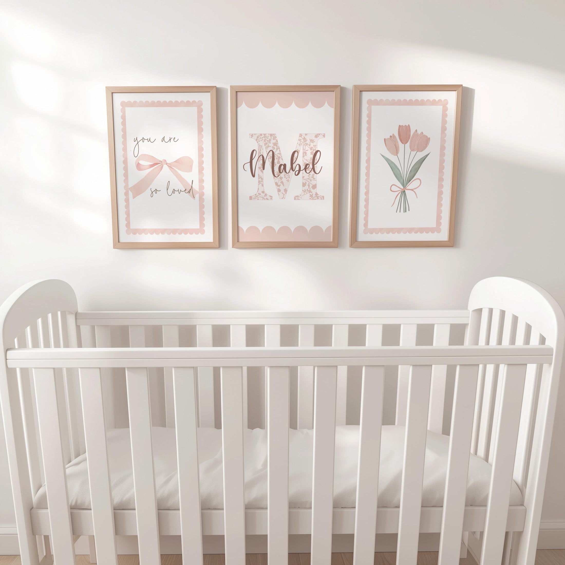 Personalised Girls Nursery Prints – Pink Floral Initial, You Are So Loved, and Tulip - Dusty Pink Baby Room Posters with Optional Frames