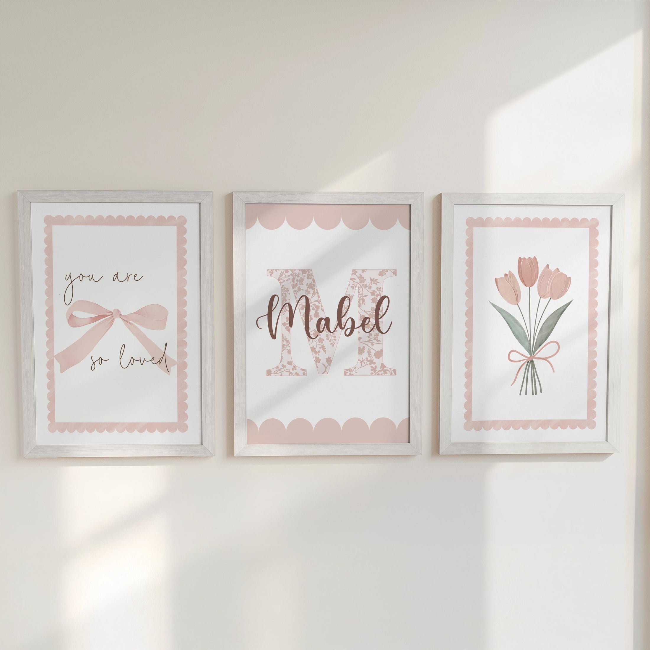 Personalised Girls Nursery Prints – Pink Floral Initial, You Are So Loved, and Tulip - Dusty Pink Baby Room Posters with Optional Frames