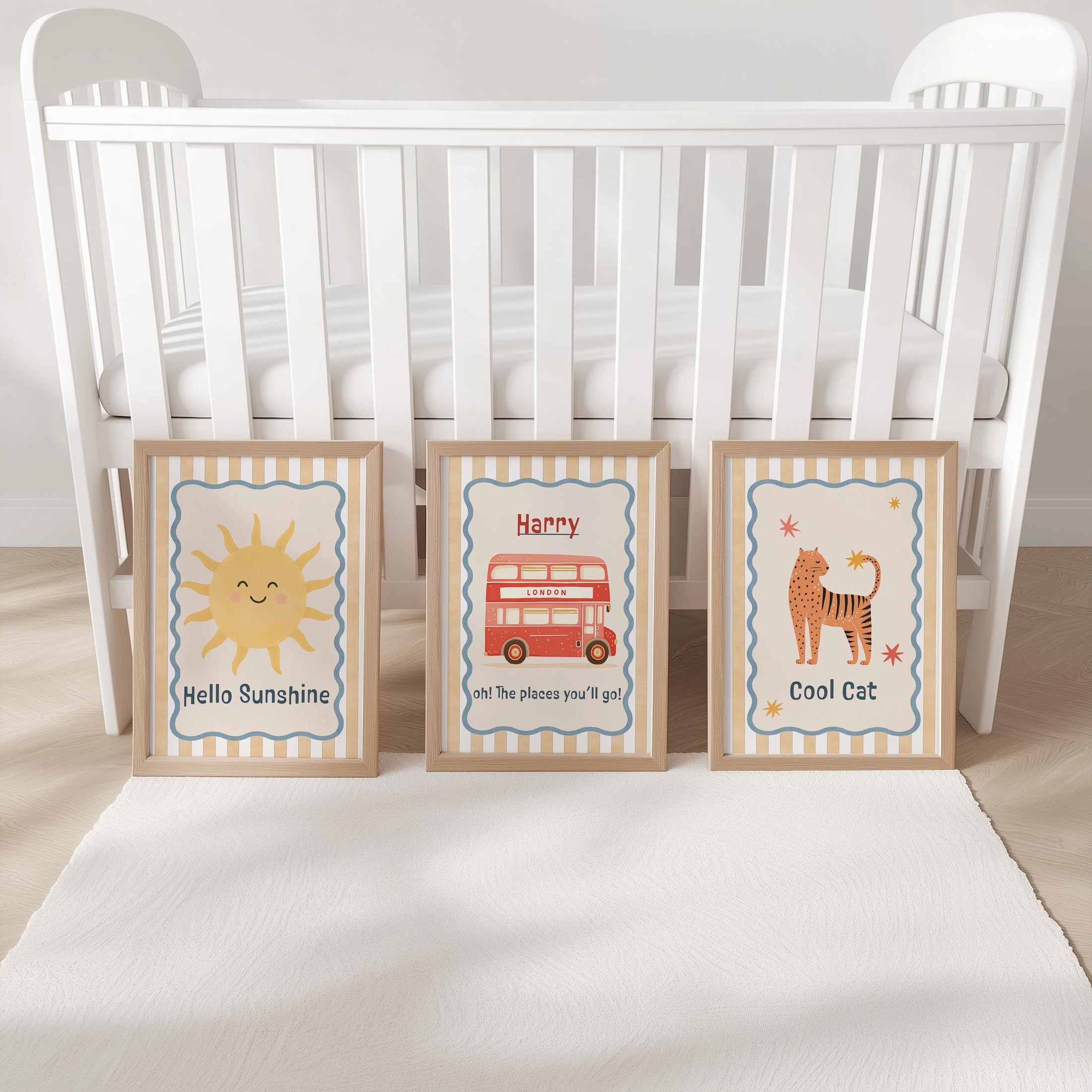 Personalised Boys Nursery Print Set – Hello Sunshine, London Bus & Cool Cat Wall Art - Playroom Decor with Optional Frames