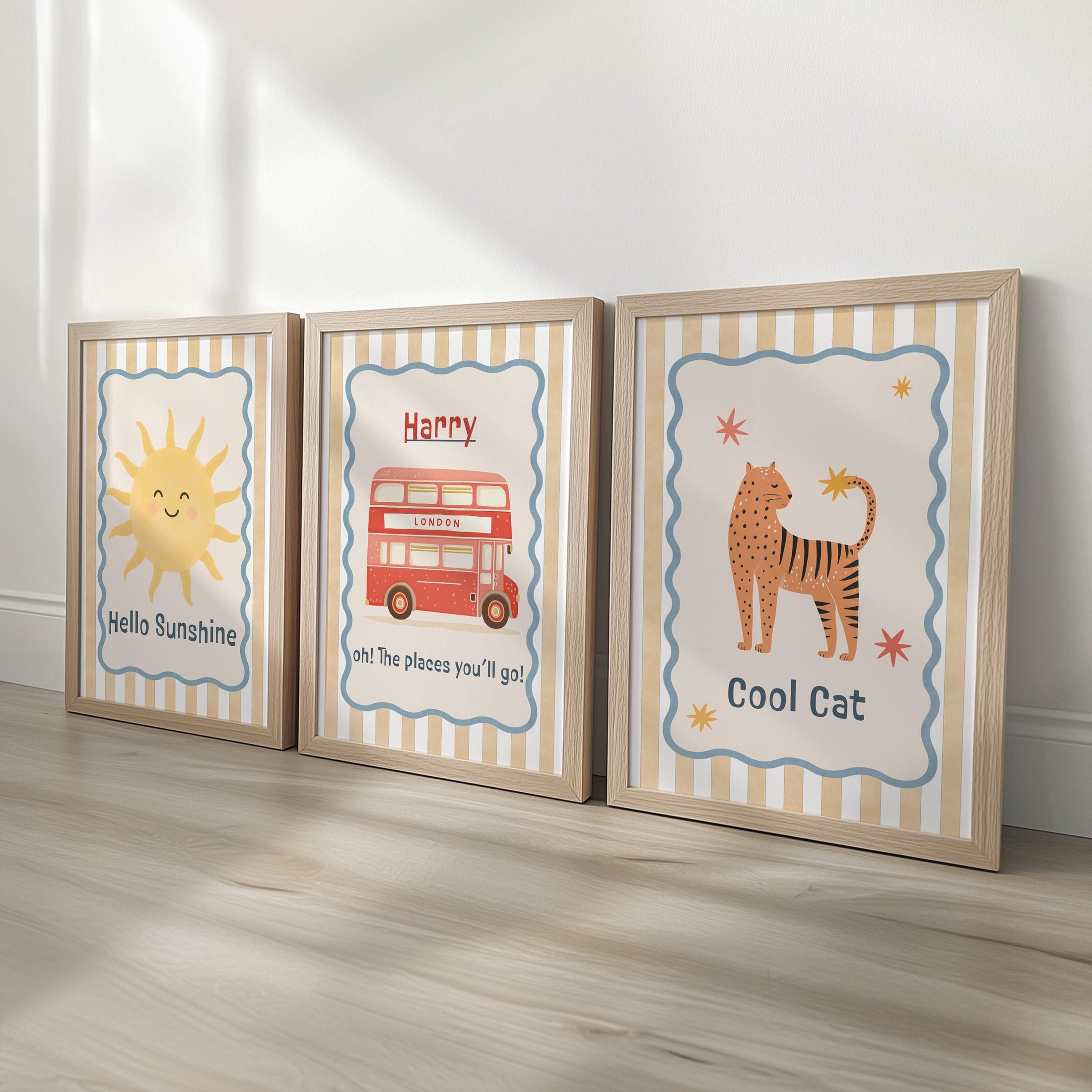 Personalised Boys Nursery Print Set – Hello Sunshine, London Bus & Cool Cat Wall Art - Playroom Decor with Optional Frames