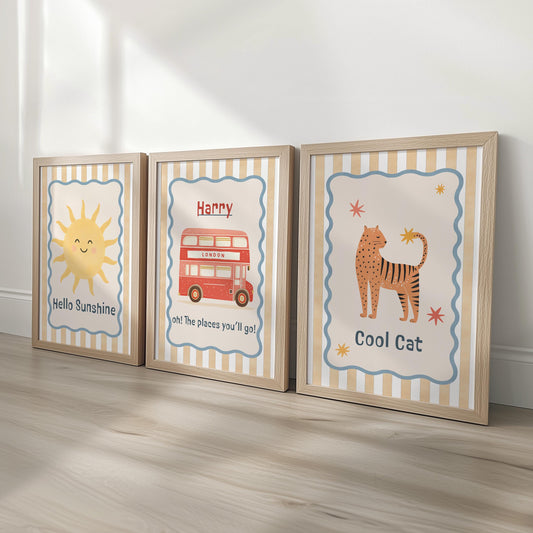 Personalised Boys Nursery Print Set – Hello Sunshine, London Bus & Cool Cat Wall Art - Playroom Decor with Optional Frames