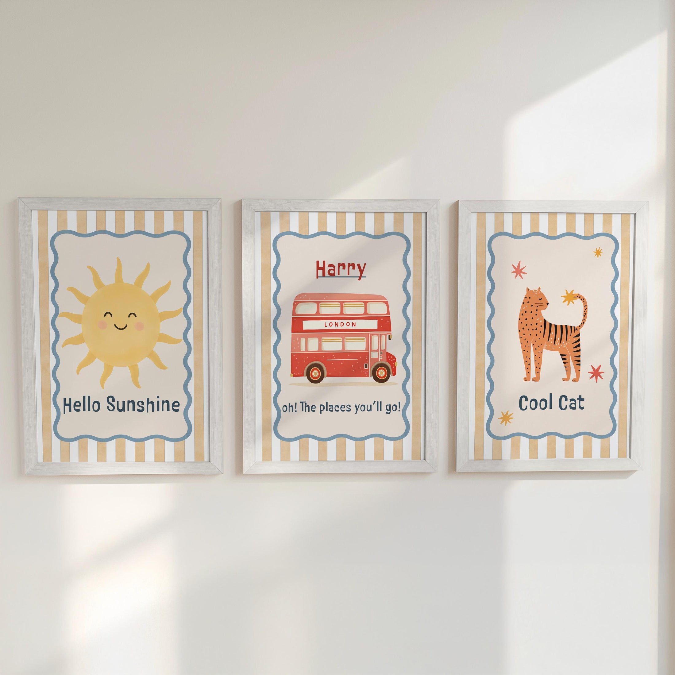 Personalised Boys Nursery Print Set – Hello Sunshine, London Bus & Cool Cat Wall Art - Playroom Decor with Optional Frames