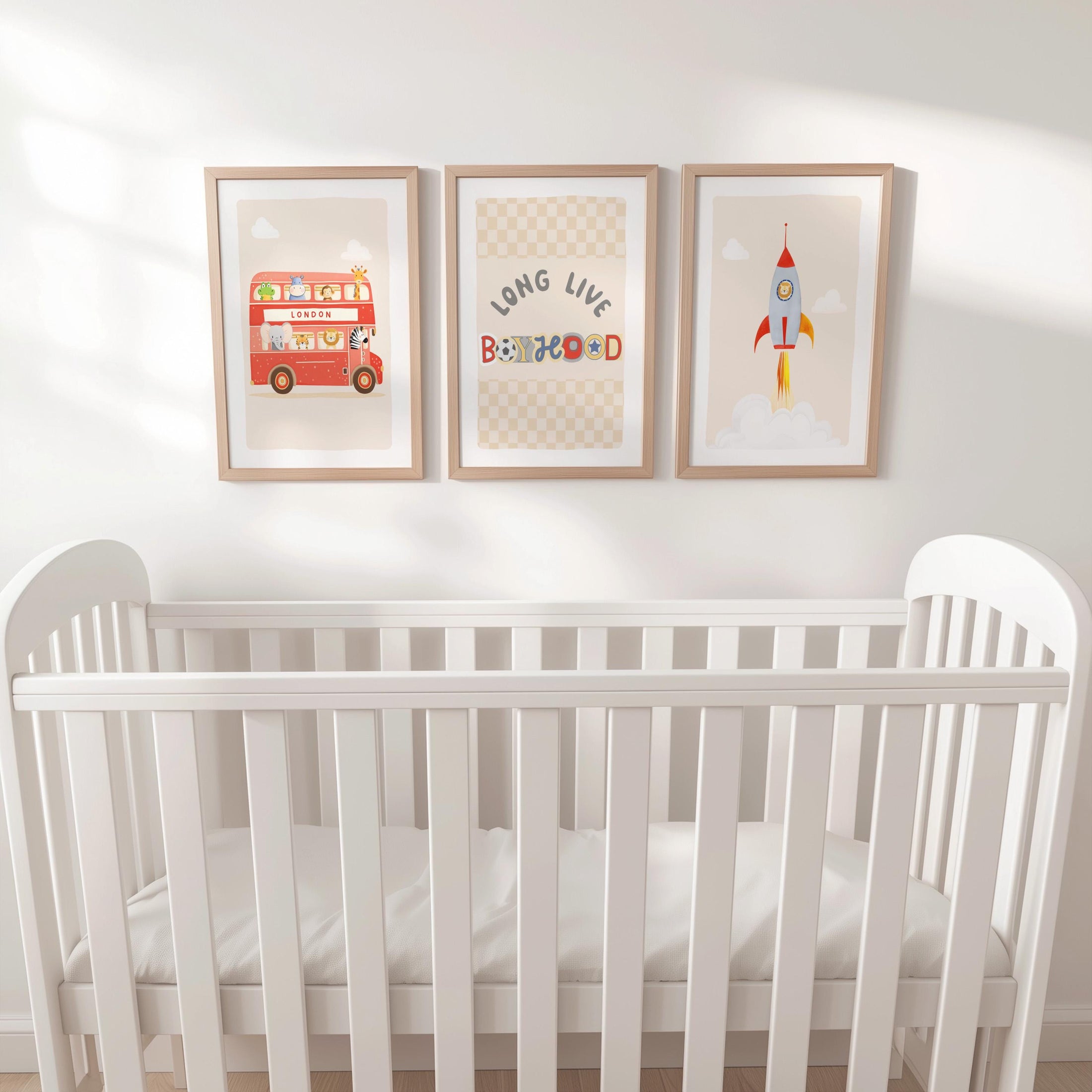 Long Live Boyhood Print Set – Red Bus, Rocket & Checkerboard Wall Art – Boys Retro Playroom Prints, Kids Room Decor with Optional Frames