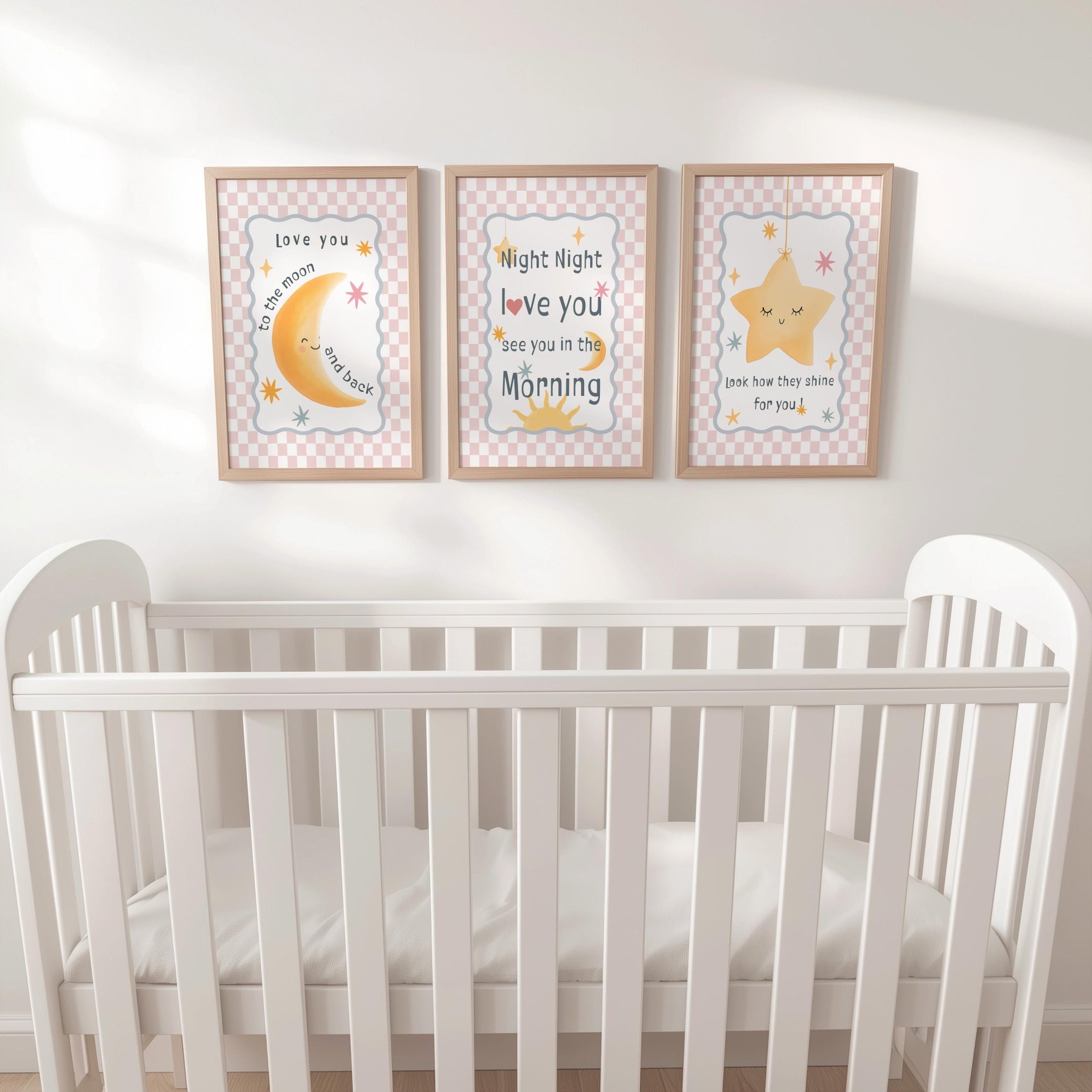 Pink Nursery Wall Art – 3 Print Set with Moon and Stars – “Night Night, Love You” Baby Bedroom Prints with Optional Frames for Kids Room