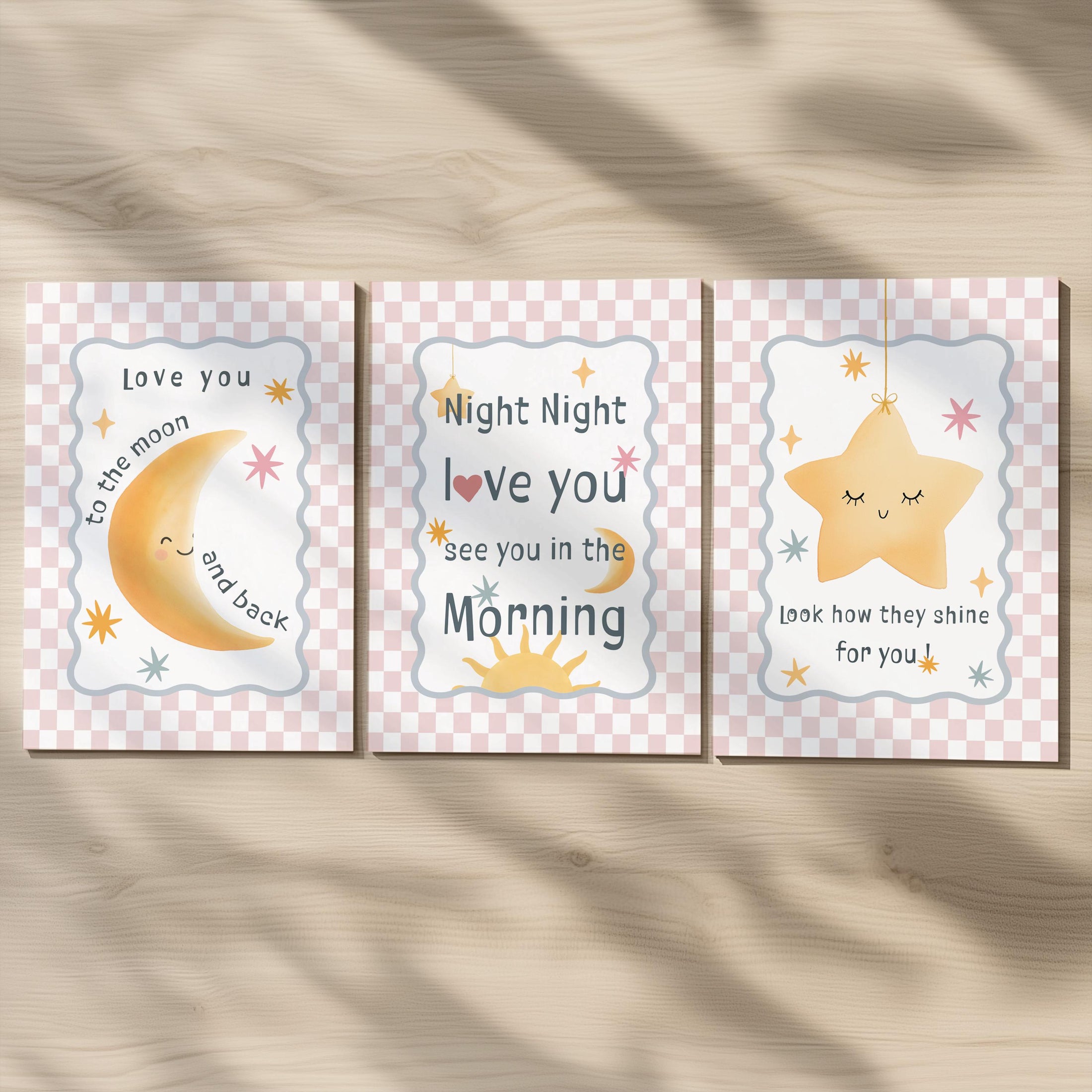 Pink Nursery Wall Art – 3 Print Set with Moon and Stars – “Night Night, Love You” Baby Bedroom Prints with Optional Frames for Kids Room