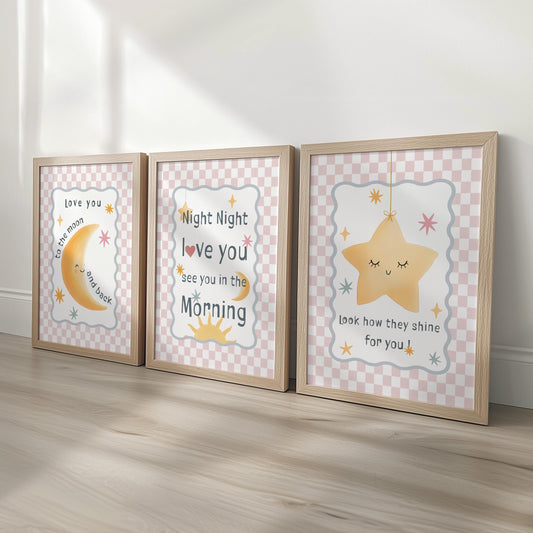 Pink Nursery Wall Art – 3 Print Set with Moon and Stars – “Night Night, Love You” Baby Bedroom Prints with Optional Frames for Kids Room