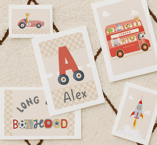 Long Live Boyhood Nursery Prints | Car, Bus & Rocket Decor Playroom Gallery Wall | Optional Frames