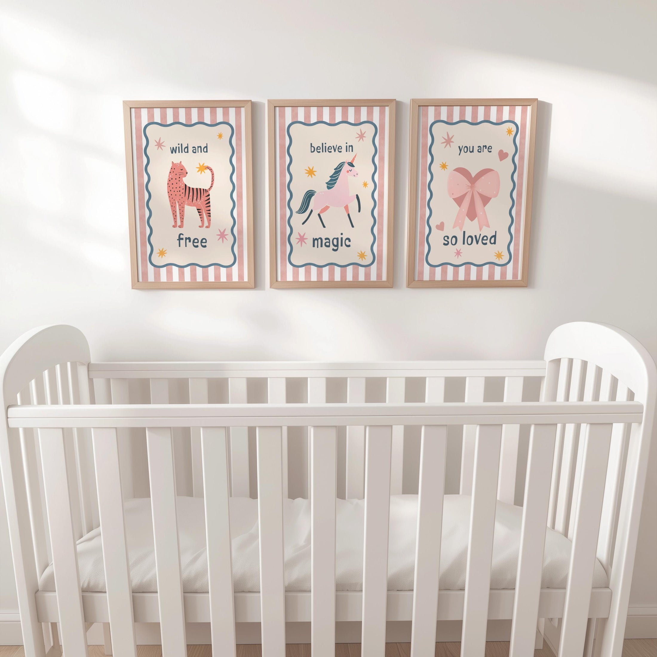 Whimsical Girls Nursery Print Set – Wild and Free, Believe in Magic, You Are So Loved – Girls Room Posters with Optional Frames