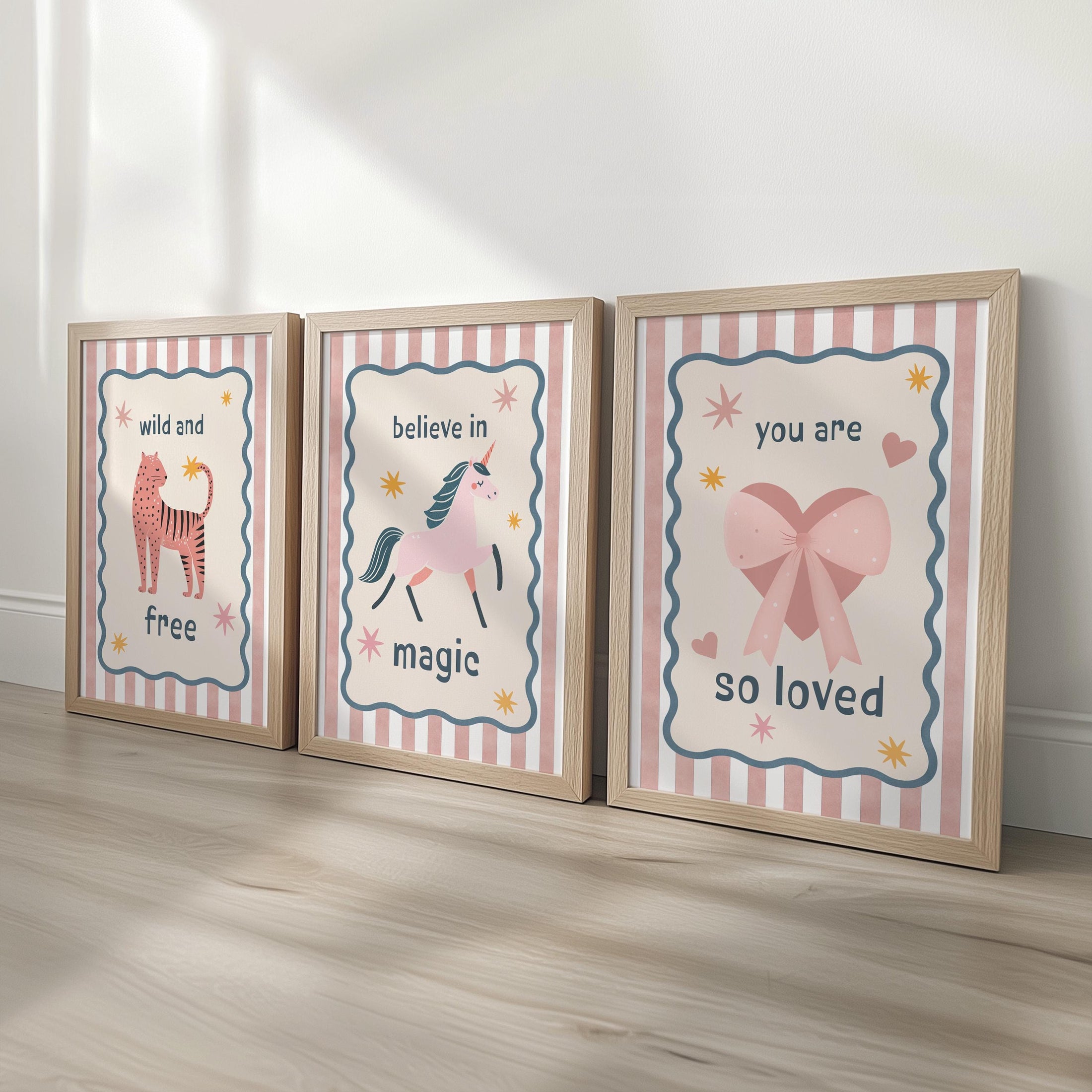 Whimsical Girls Nursery Print Set – Wild and Free, Believe in Magic, You Are So Loved – Girls Room Posters with Optional Frames