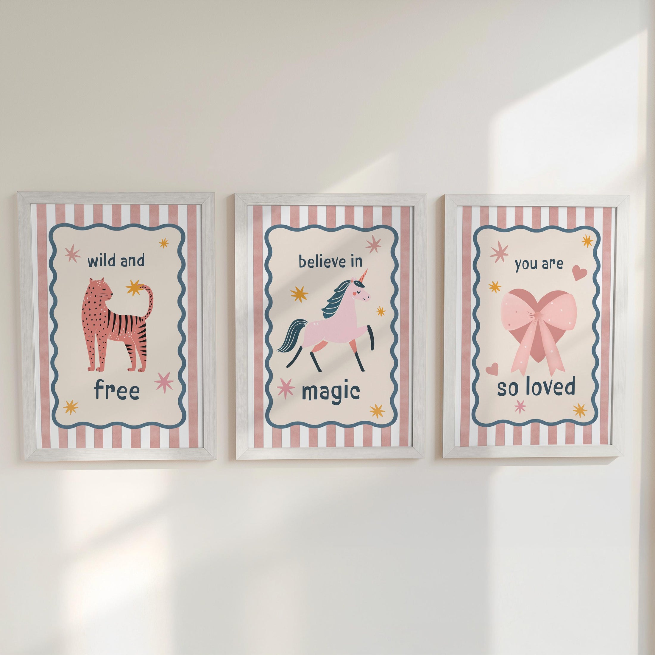 Whimsical Girls Nursery Print Set – Wild and Free, Believe in Magic, You Are So Loved – Girls Room Posters with Optional Frames