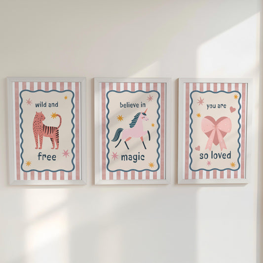 Whimsical Girls Nursery Print Set – Wild and Free, Believe in Magic, You Are So Loved – Girls Room Posters with Optional Frames