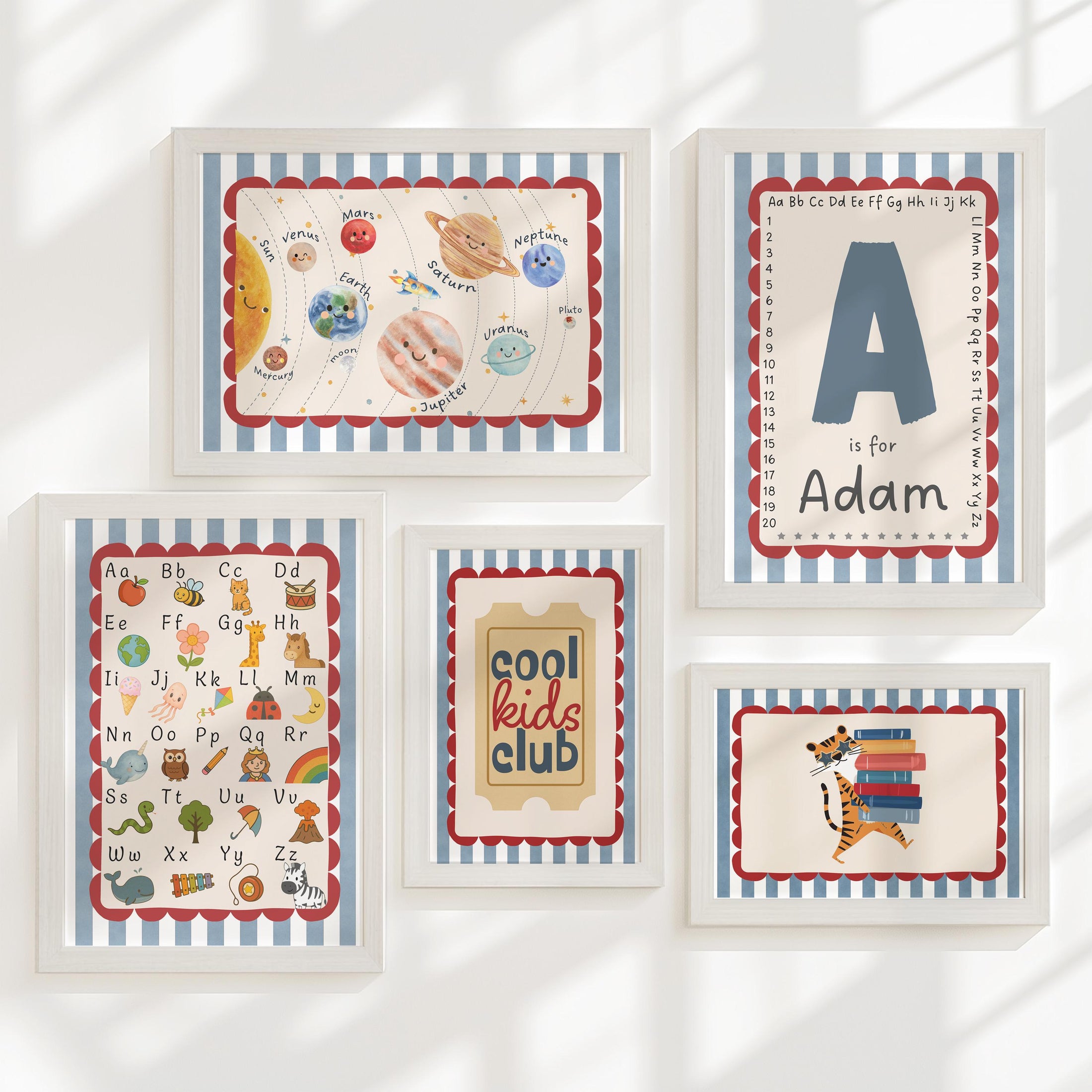 Boys Nursery Gallery Wall Set – Blue and Red, Space, Alphabet & Personalised Educational Kids Room Posters in Optional Frames