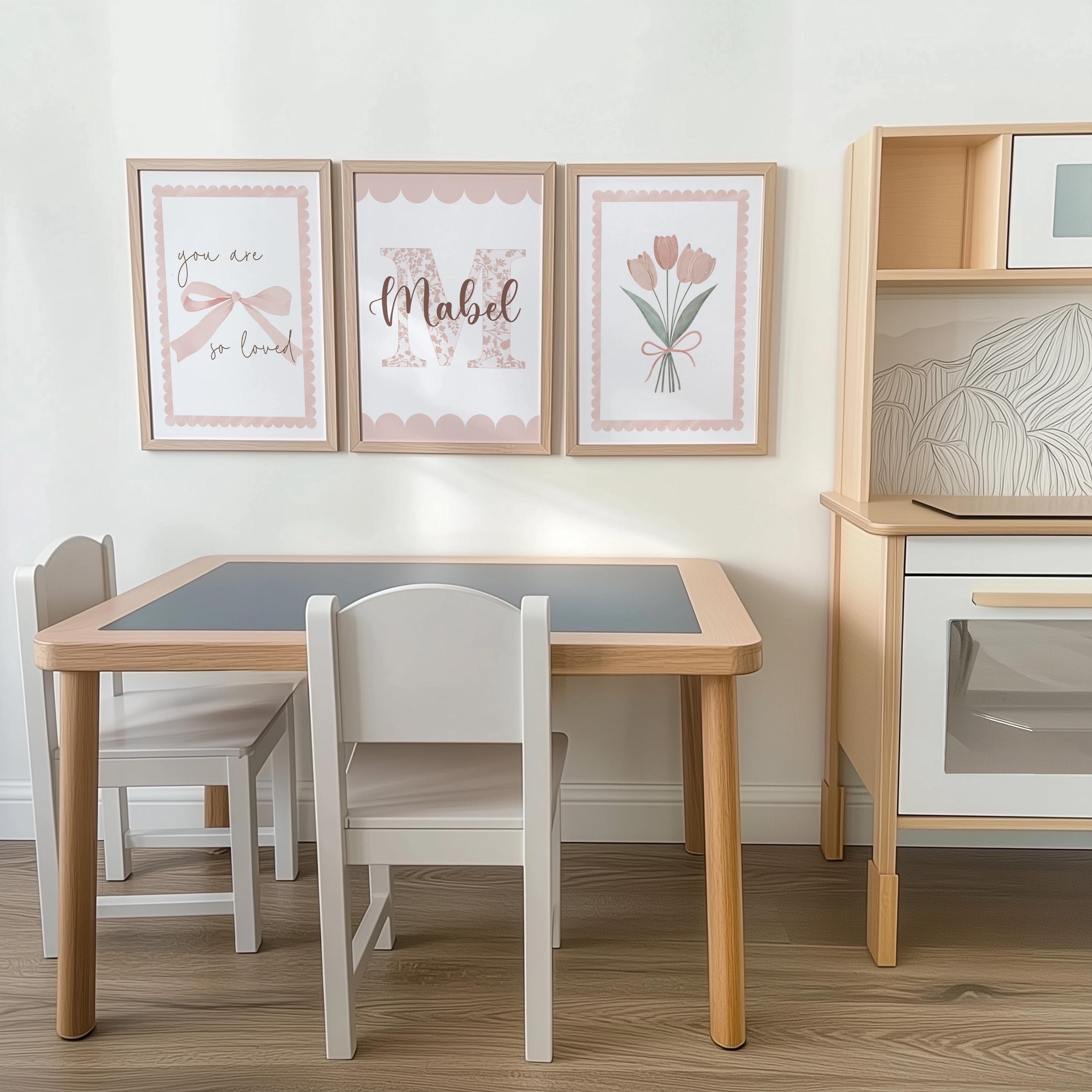 Personalised Girls Nursery Prints – Pink Floral Initial, You Are So Loved, and Tulip - Dusty Pink Baby Room Posters with Optional Frames