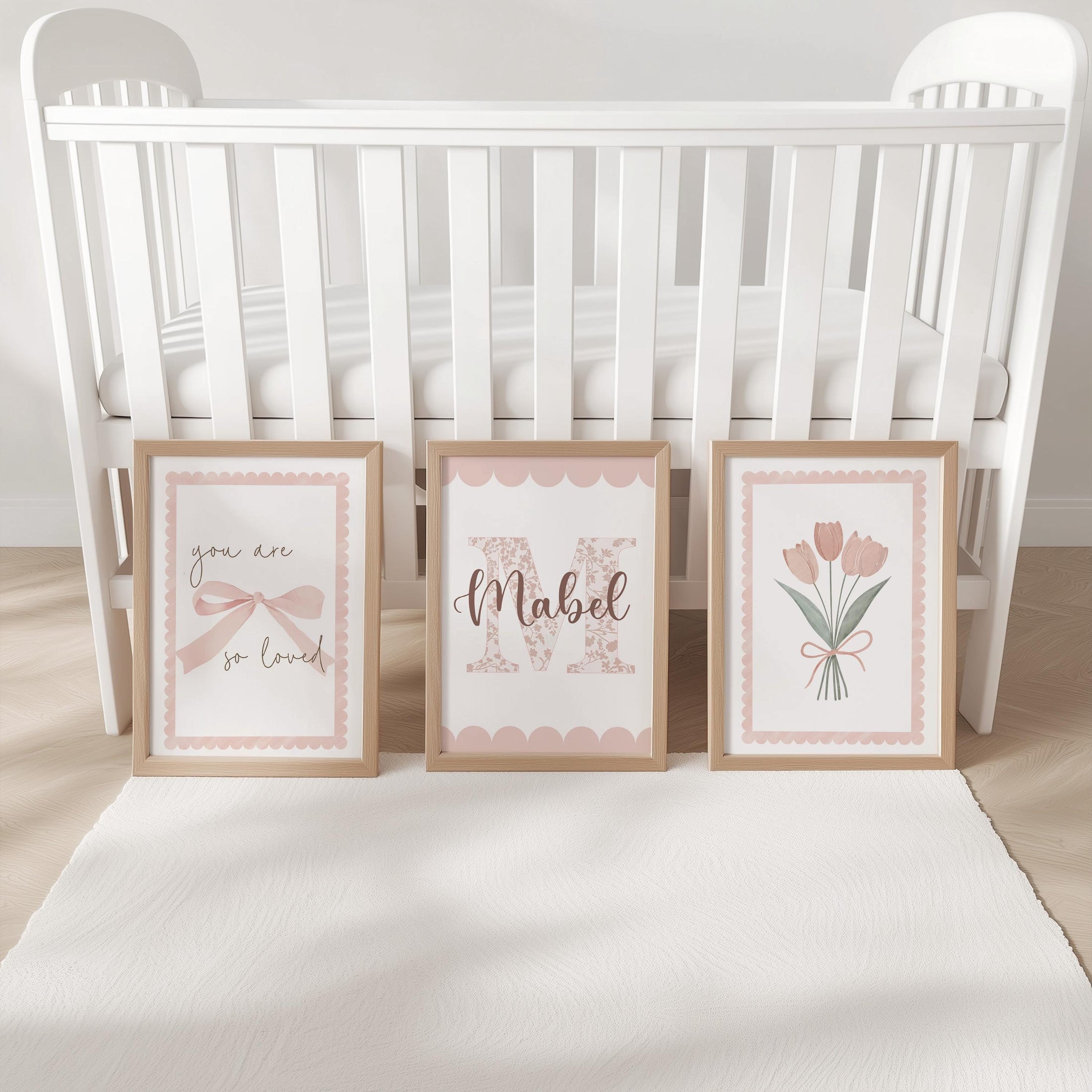 Personalised Girls Nursery Prints – Pink Floral Initial, You Are So Loved, and Tulip - Dusty Pink Baby Room Posters with Optional Frames