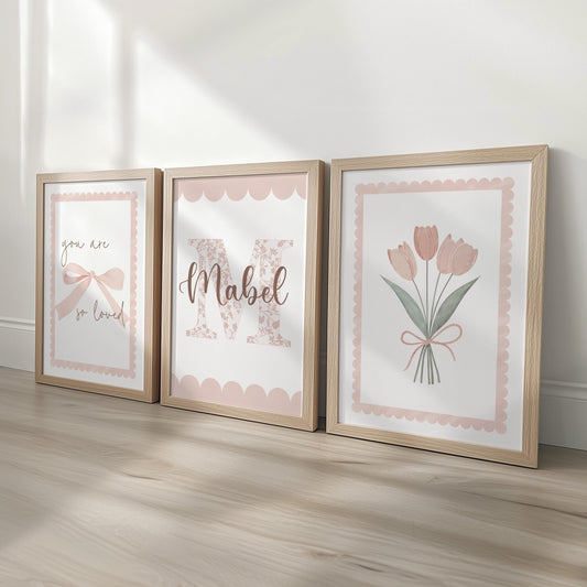 Personalised Girls Nursery Prints – Pink Floral Initial, You Are So Loved, and Tulip - Dusty Pink Baby Room Posters with Optional Frames