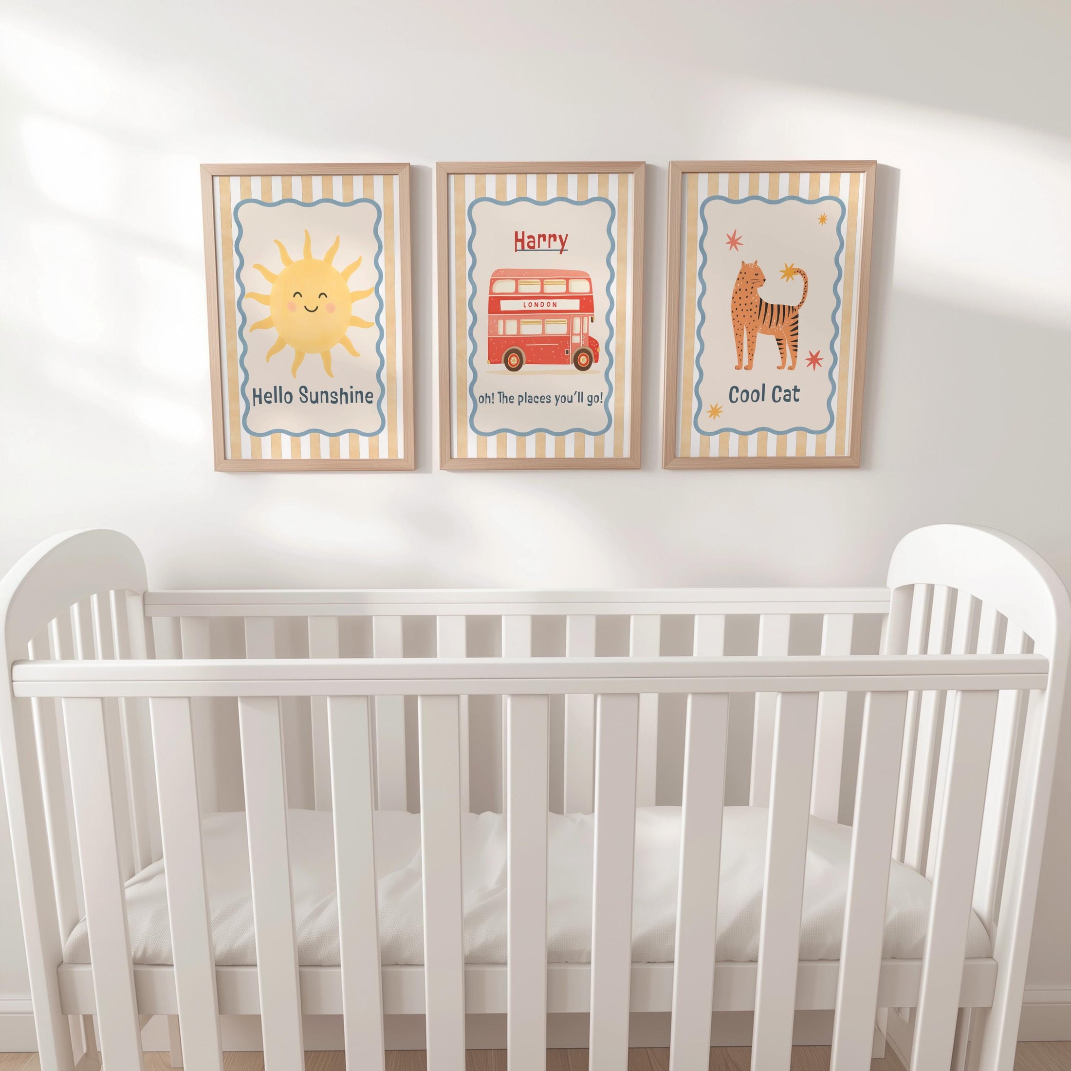 Personalised Boys Nursery Print Set – Hello Sunshine, London Bus & Cool Cat Wall Art - Playroom Decor with Optional Frames