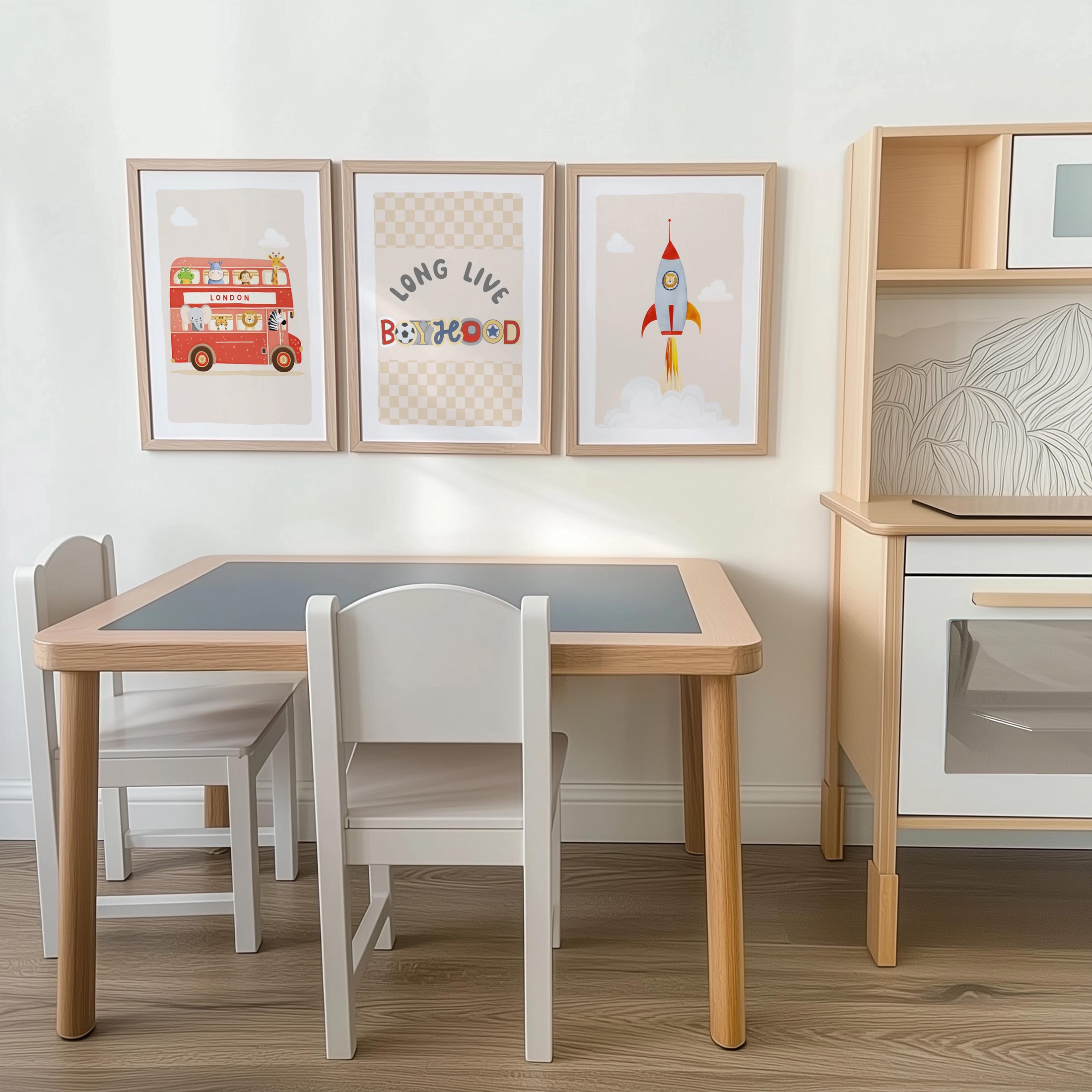 Long Live Boyhood Print Set – Red Bus, Rocket & Checkerboard Wall Art – Boys Retro Playroom Prints, Kids Room Decor with Optional Frames