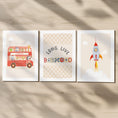 Load image into Gallery viewer, Long Live Boyhood Print Set – Red Bus, Rocket & Checkerboard Wall Art – Boys Retro Playroom Prints, Kids Room Decor with Optional Frames
