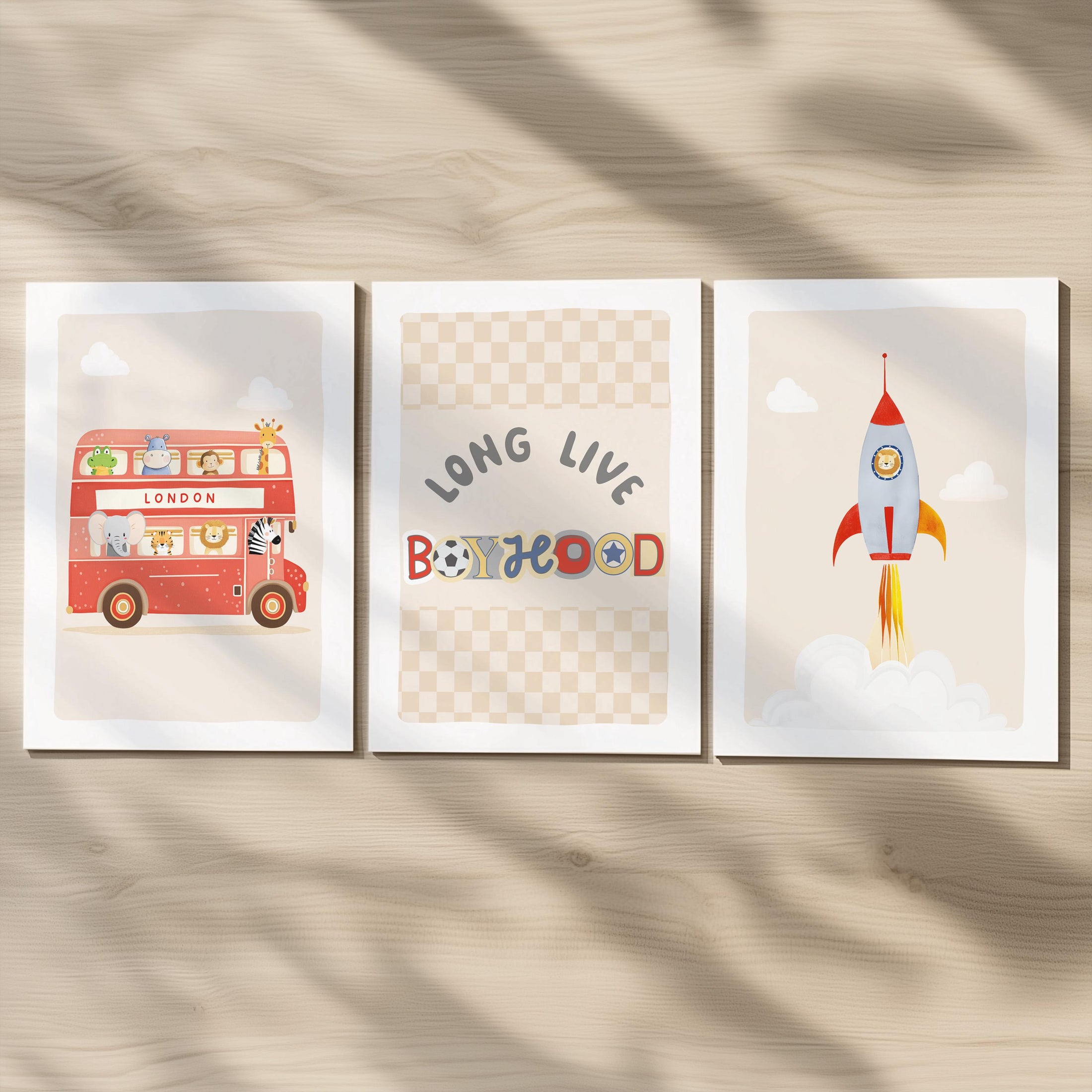 Long Live Boyhood Print Set – Red Bus, Rocket & Checkerboard Wall Art – Boys Retro Playroom Prints, Kids Room Decor with Optional Frames