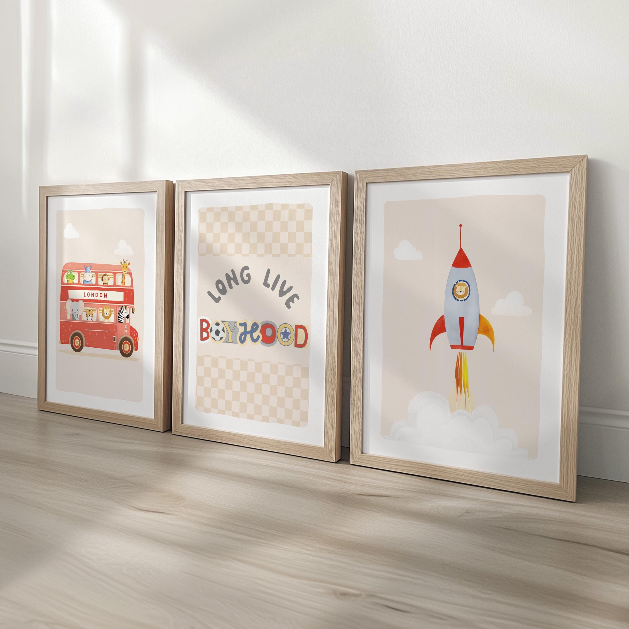 Long Live Boyhood Print Set – Red Bus, Rocket & Checkerboard Wall Art – Boys Retro Playroom Prints, Kids Room Decor with Optional Frames