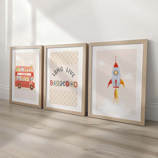 Long Live Boyhood Print Set – Red Bus, Rocket & Checkerboard Wall Art – Boys Retro Playroom Prints, Kids Room Decor with Optional Frames