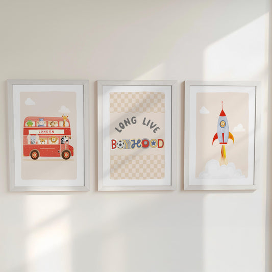 Long Live Boyhood Print Set – Red Bus, Rocket & Checkerboard Wall Art – Boys Retro Playroom Prints, Kids Room Decor with Optional Frames