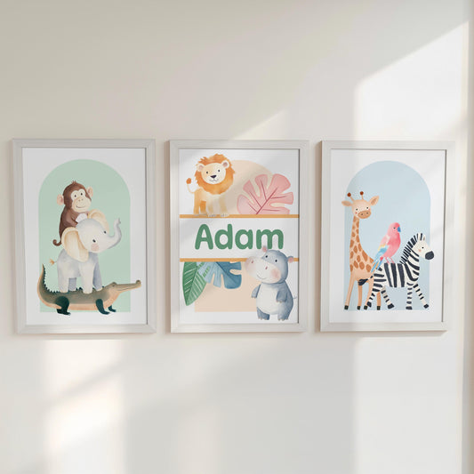 Personalised Safari Nursery Prints | Jungle Animal Wall Art Set | Gender Neutral Décor with Optional Frames