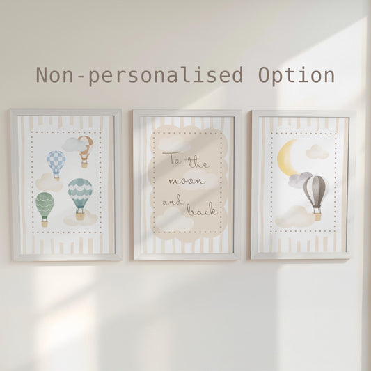 Personalised Hot Air Balloon To the Moon and Back Nursery Prints | Neutral Boys Bedroom Wall Art with Optional Frames