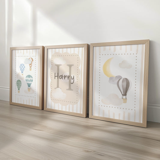 Personalised Hot Air Balloon To the Moon and Back Nursery Prints | Neutral Boys Bedroom Wall Art with Optional Frames