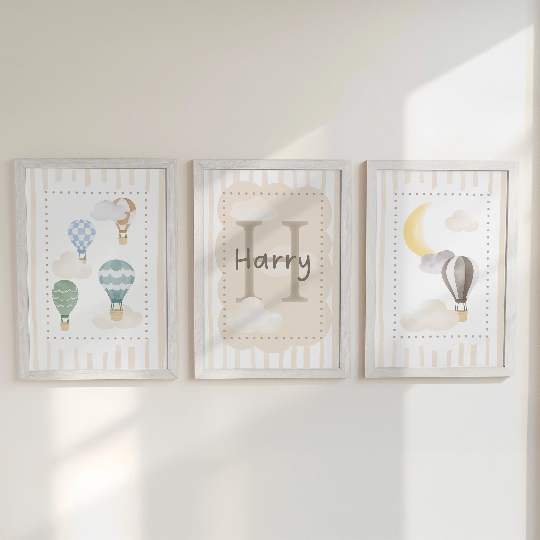 Personalised Hot Air Balloon To the Moon and Back Nursery Prints | Neutral Boys Bedroom Wall Art with Optional Frames