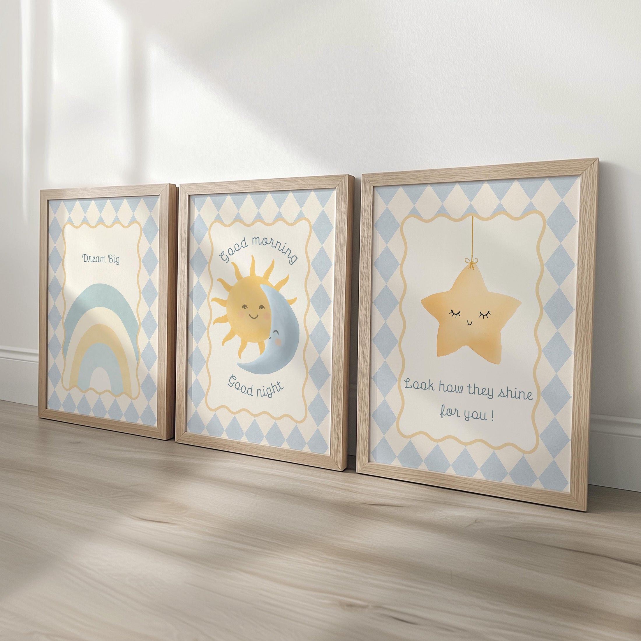 Dream Big Nursery Wall Art Set | Sun Moon Star Prints | Baby Room Décor in Blue or Pink with Optional Frames