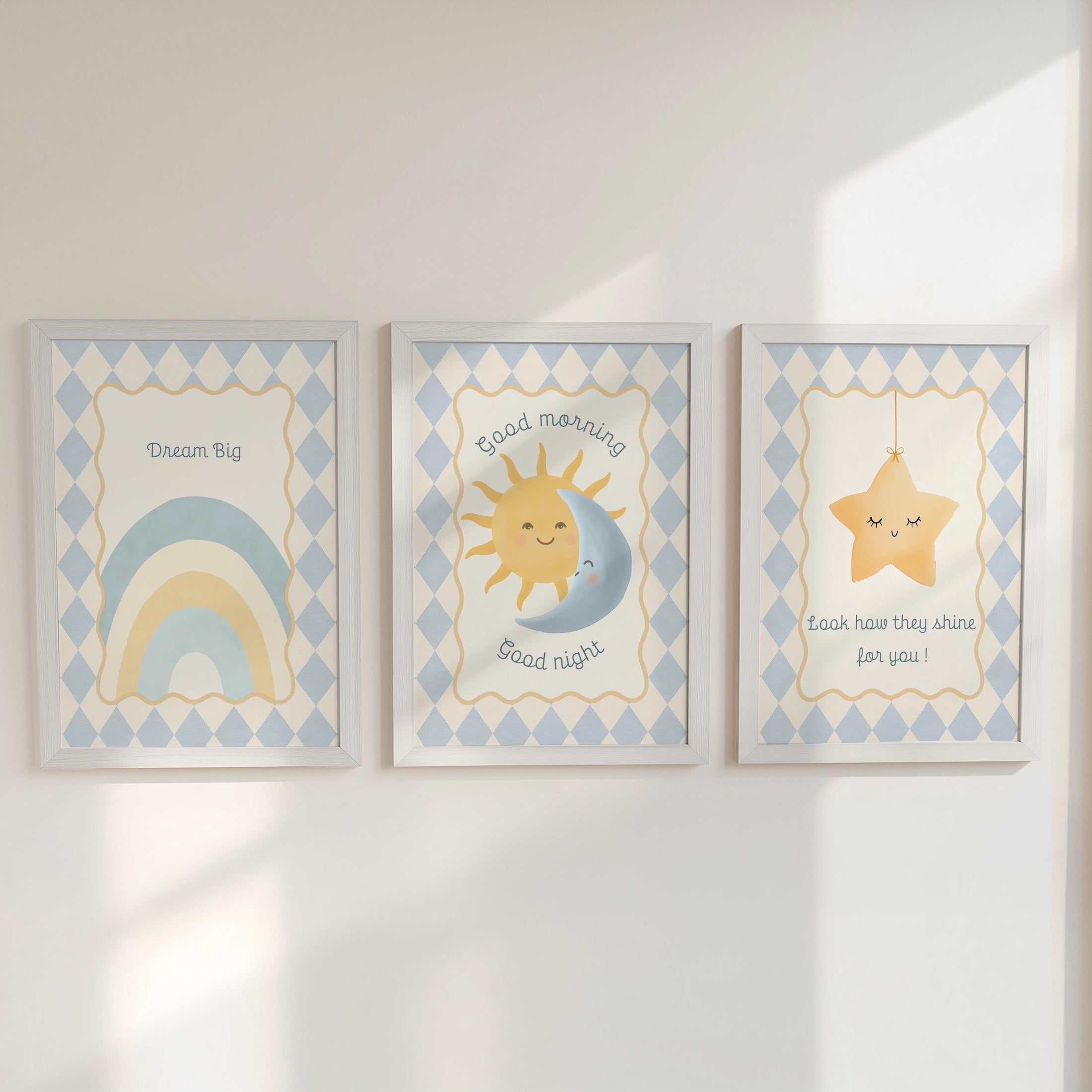 Dream Big Nursery Wall Art Set | Sun Moon Star Prints | Baby Room Décor in Blue or Pink with Optional Frames