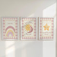Load image into Gallery viewer, Dream Big Nursery Wall Art Set | Sun Moon Star Prints | Baby Room Décor in Blue or Pink with Optional Frames
