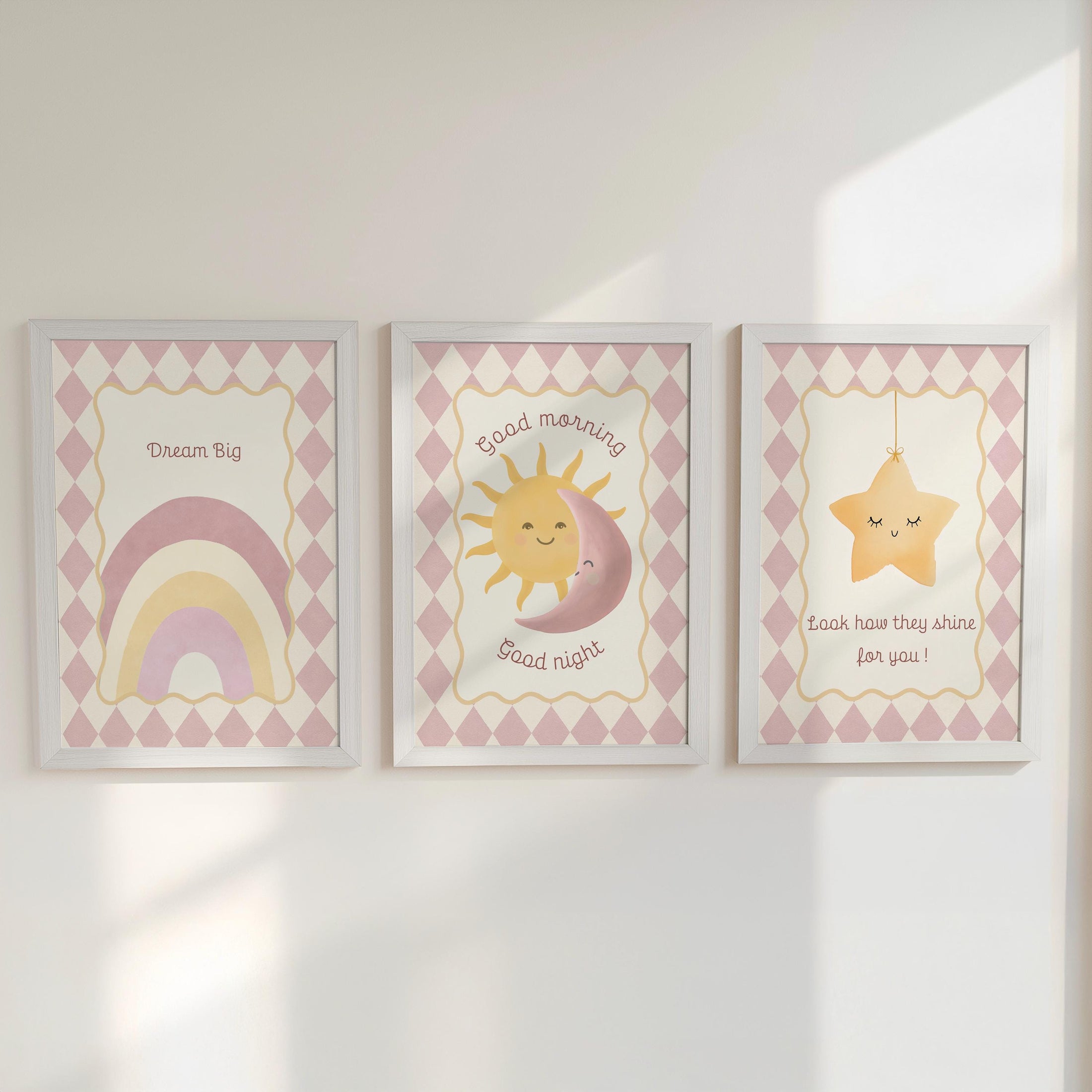 Dream Big Nursery Wall Art Set | Sun Moon Star Prints | Baby Room Décor in Blue or Pink with Optional Frames