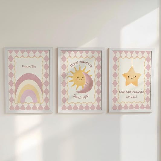 Dream Big Nursery Wall Art Set | Sun Moon Star Prints | Baby Room Décor in Blue or Pink with Optional Frames