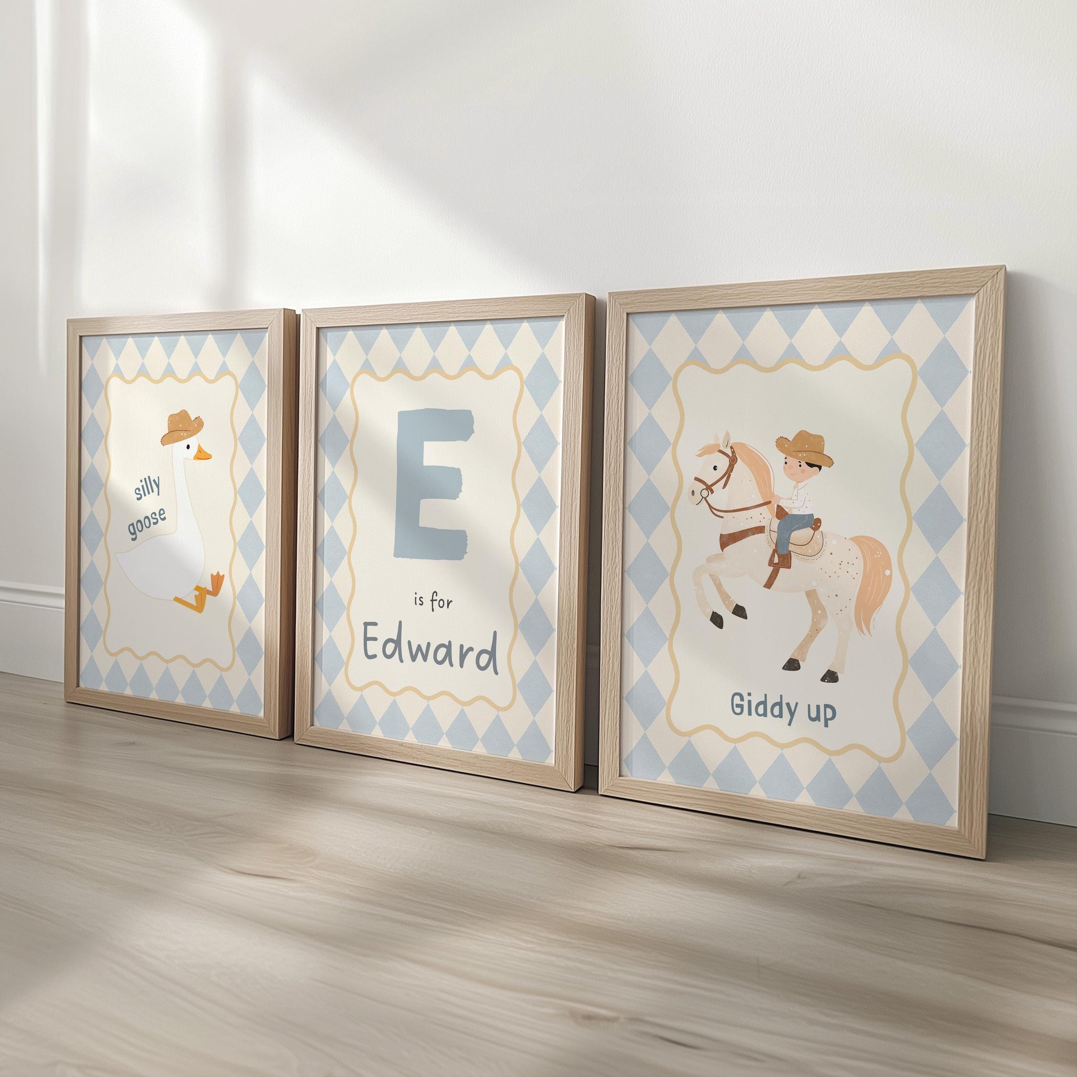 Personalised Goose Nursery Prints Set of 3 | Cowboy Cool Kids Club Wall Art | Playroom Décor with Optional Frames
