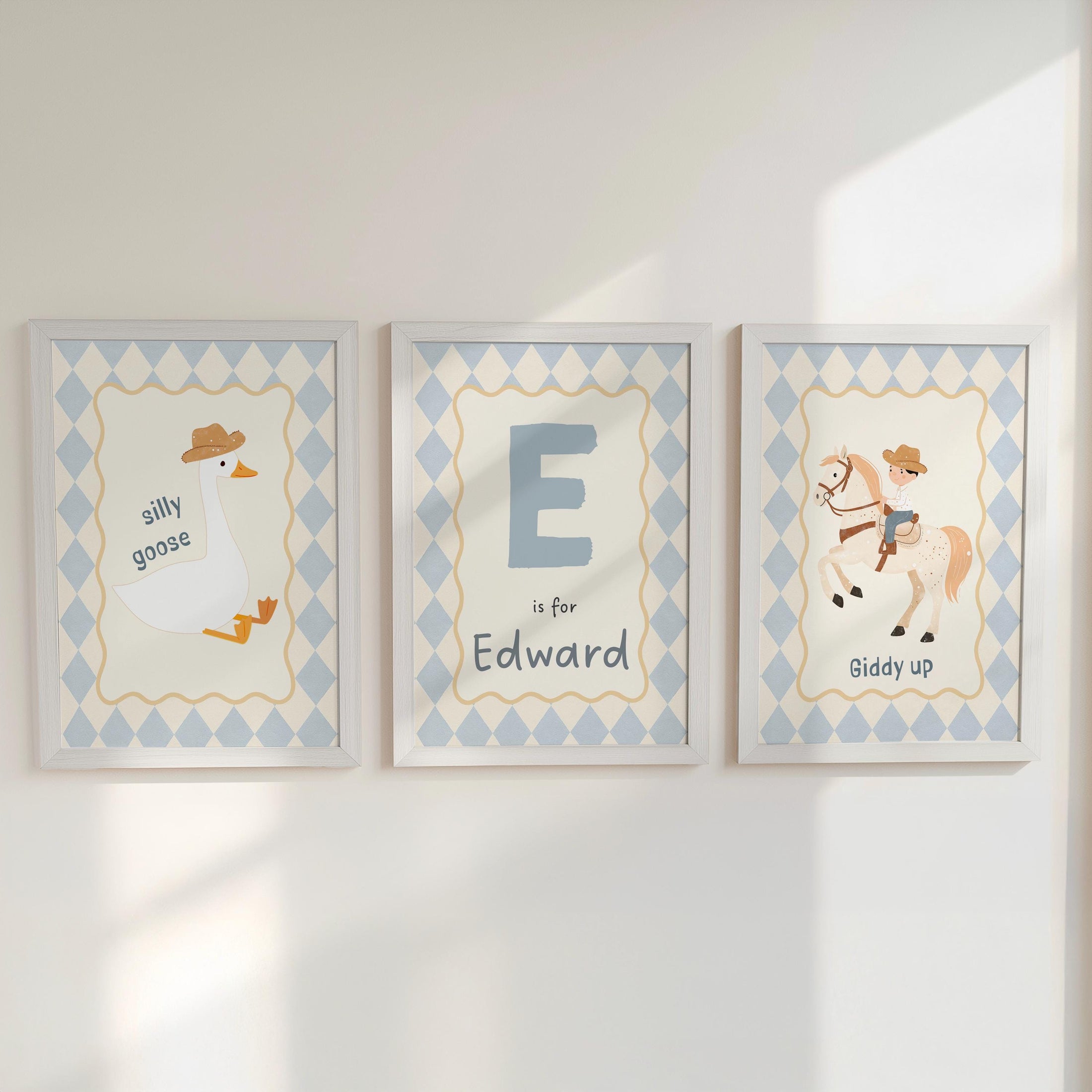 Personalised Goose Nursery Prints Set of 3 | Cowboy Cool Kids Club Wall Art | Playroom Décor with Optional Frames