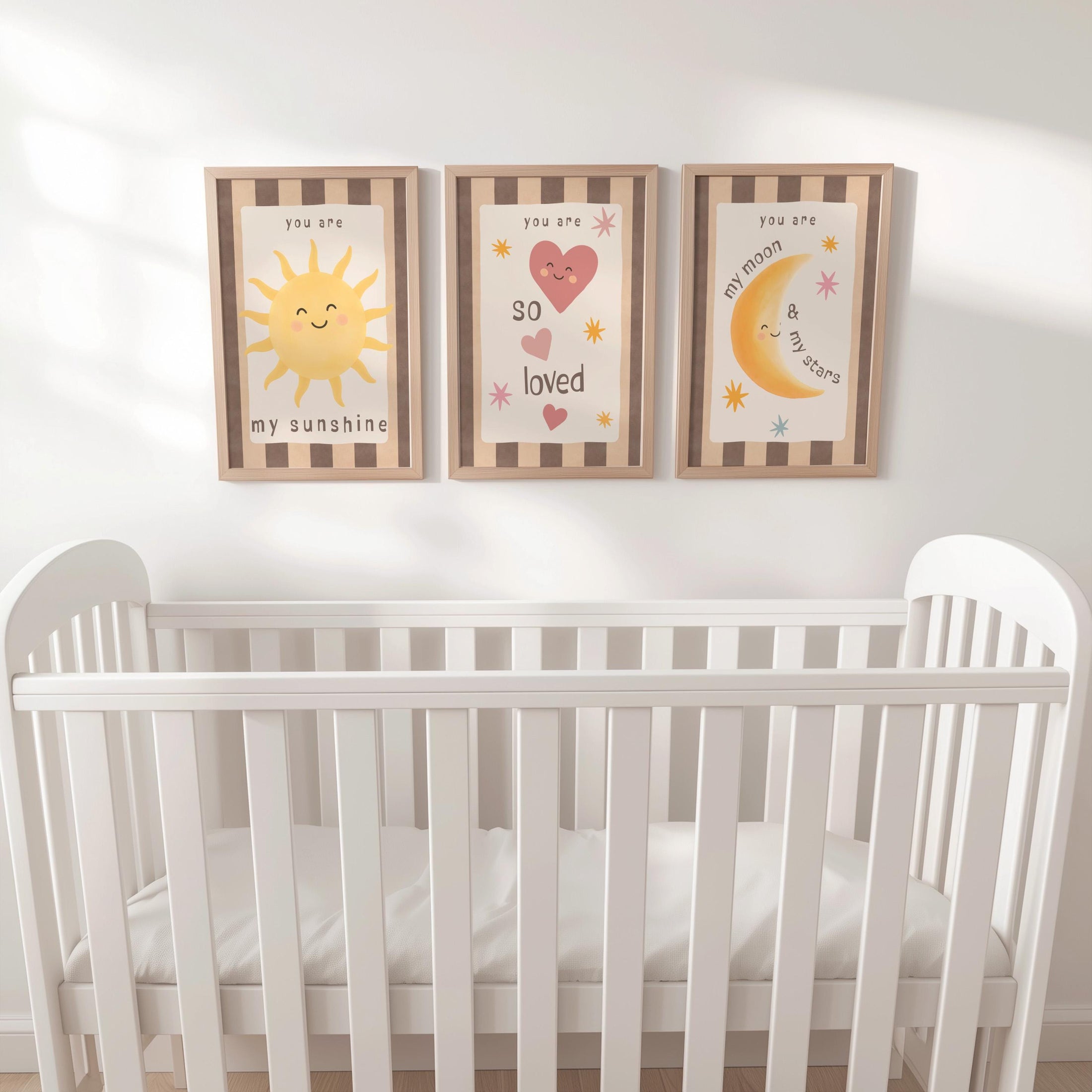 Set of 3 Retro Striped Nursery Wall Art Prints - Sunshine, Moon & Heart Wall art with Optional Frames - You Are So Loved