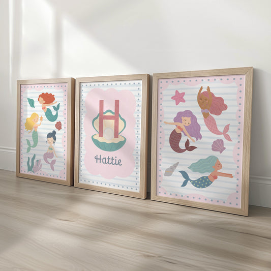 Personalised Mermaid Nursery Prints Set of 3 | Pastel Under the Sea Wall Art with Optional Frames for Girl's Bedroom